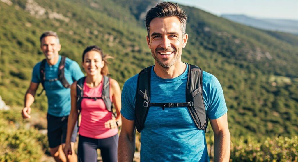 Eine Gruppe Menschen wandert in den Bergen, Mann im Vordergrund mit einer Hornhautverkrümmung