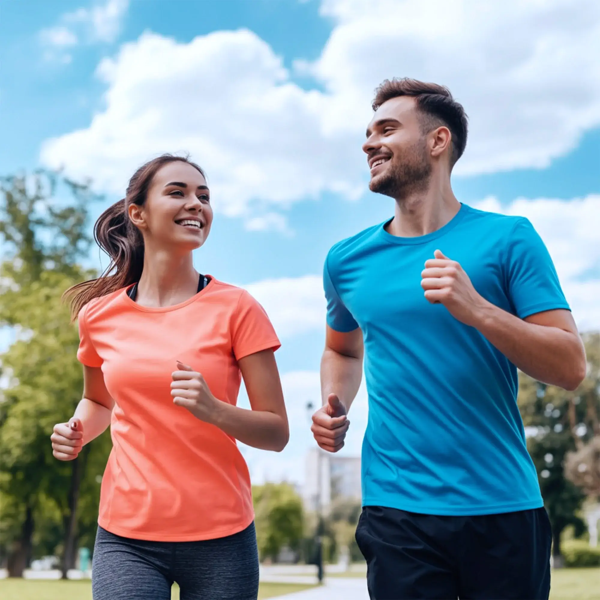 Zwei Sportler laufen durch den Park
