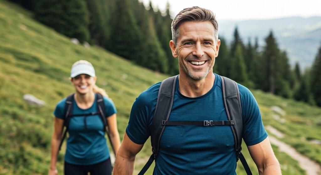 Ein Mann und eine Frau über 45 wandern in den Bergen und sehen nach Augenlaser OP wieder scharf